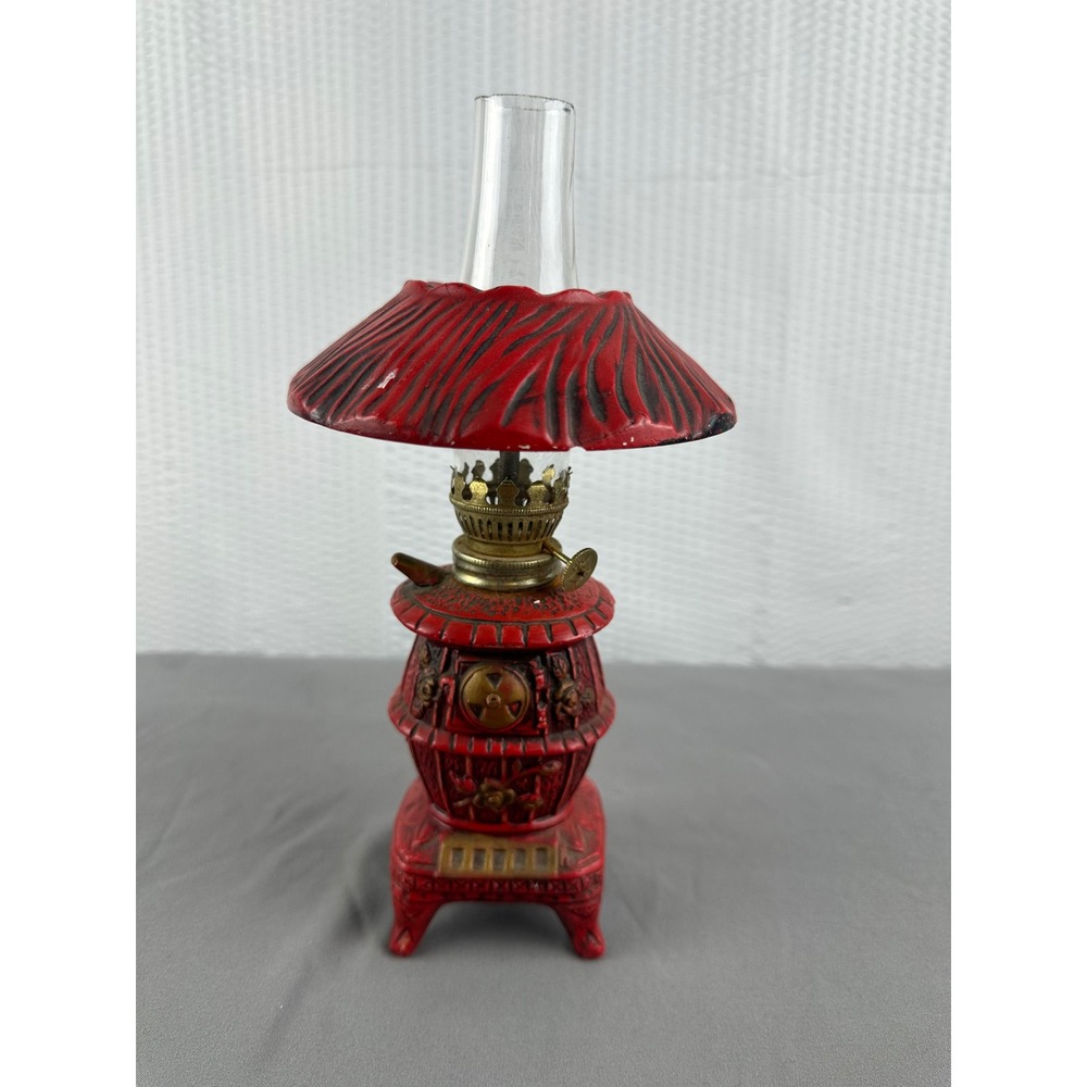 Vintage Mini Pot Belly‎ Stove Oil Lamp Red Cast Iron Glass Chimney